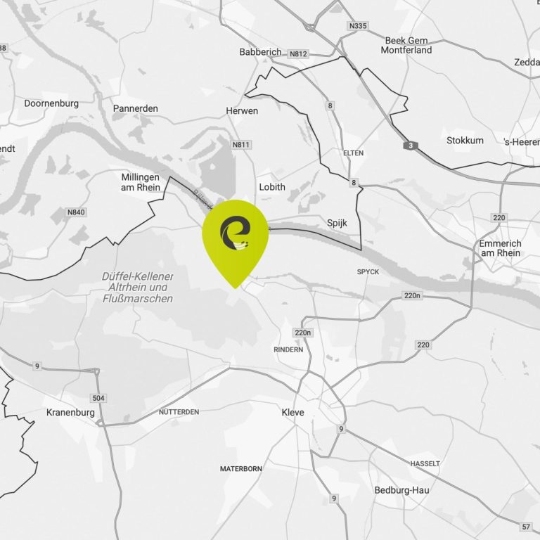Unser Standort am Niederrhein, Kleve. Spezialisten vor Ort. Karte mit hervorgehobener Position in einem ländlichen Gebiet mit Fluss.